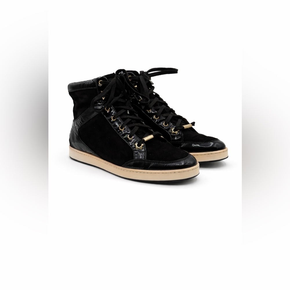 Jimmy Choo Black Suede & Patent Leather High-Top Sneakers Gold Eyelets Size 35.5 - Picture 2 of 16
